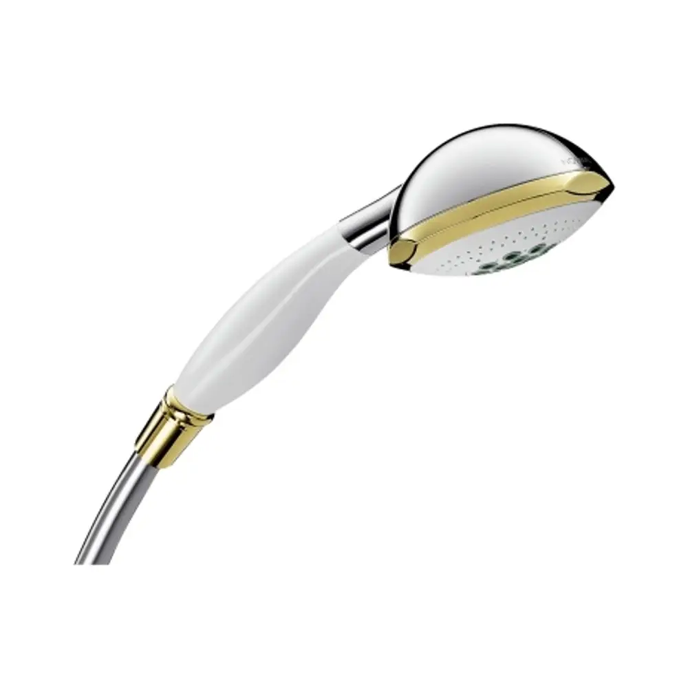 Weißer Handbrausekopf mit chromfarbenen und goldenen Akzenten von AXOR, ausgestattet mit einem flexiblen Schlauch und strukturiertem Sprühbereich.